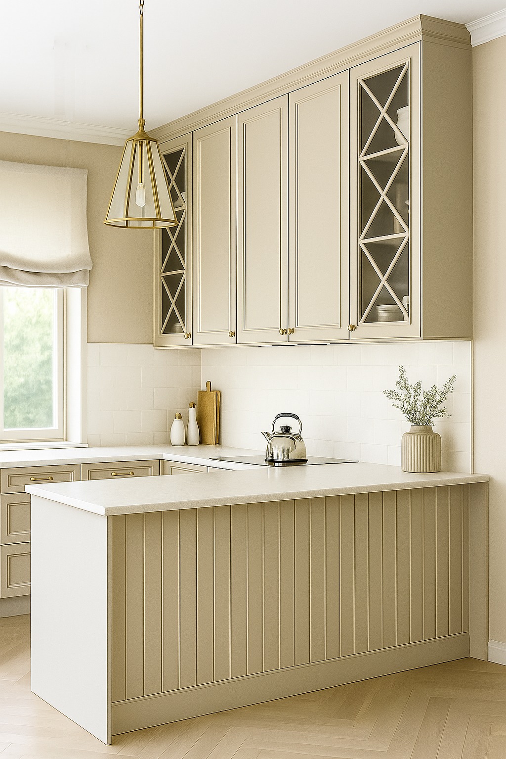 Beżowa kuchnia w klasycznym stylu: frezowane fronty szafek, przeszklone witryny z krzyżowym szprosem, złote detale i lampa wisząca nad wyspą.