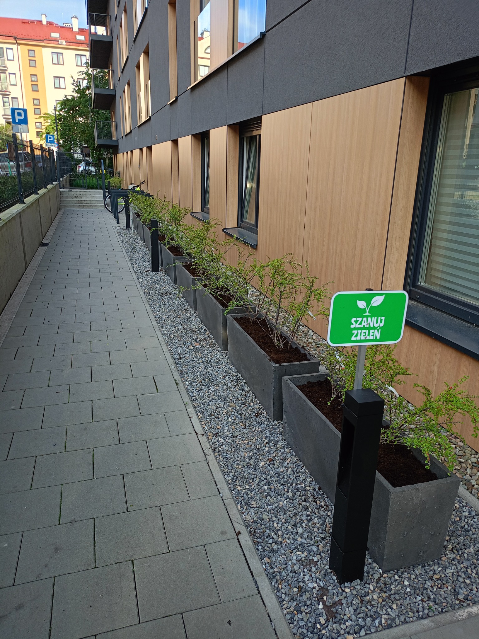 Rząd betonowych donic z krzewami wzdłuż budynku. Szara kostka brukowa i ozdobny żwir. Tabliczka 'Szanuj zieleń' w nowoczesnej aranżacji.