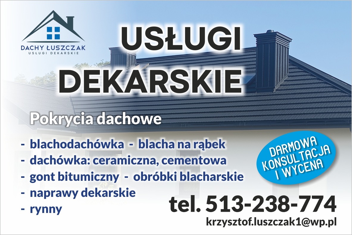 Usługi dekarskie: pokrycia dachowe (blachodachówka, dachówka, gont bitumiczny), obróbki blacharskie, naprawy i rynny. Darmowa konsultacja i wycena. Kontakt telefoniczny i mailowy.