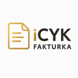Grafika: Złota ikona dokumentu z trzema liniami obok napisu 'iCYK FAKTURA' na białym tle. Minimalistyczny design.