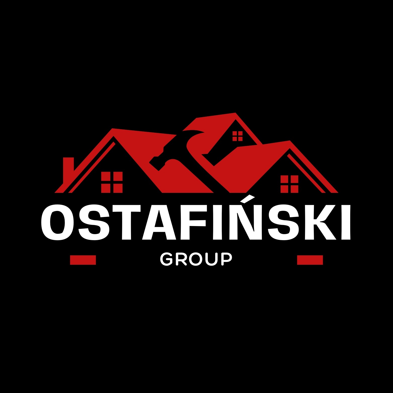Logo firmy Ostańfiński Group. Czerwone dachy domów z oknami i młotkiem na czarnym tle. Biały napis 'Ostańfiński' i 'Group' z czerwonymi podkreśleniami.