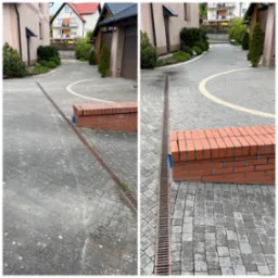 Kostka brukowa przed i po czyszczeniu. Po prawej stronie widoczna czysta kostka, po lewej zabrudzona. Centralnie biegnie odpływ liniowy.