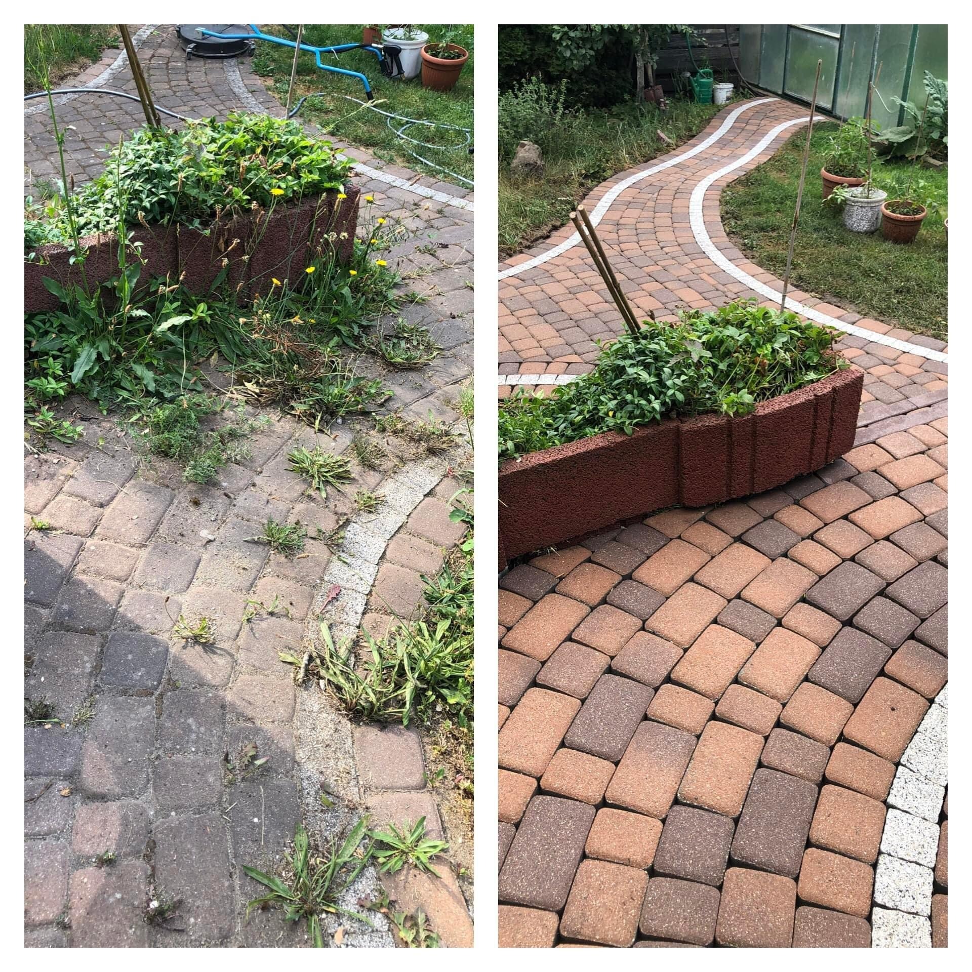 Porównanie stanu kostki brukowej przed i po czyszczeniu. Po lewej zaniedbana, zarośnięta, po prawej wyczyszczona, estetyczna ścieżka z kostki w odcieniach brązu.