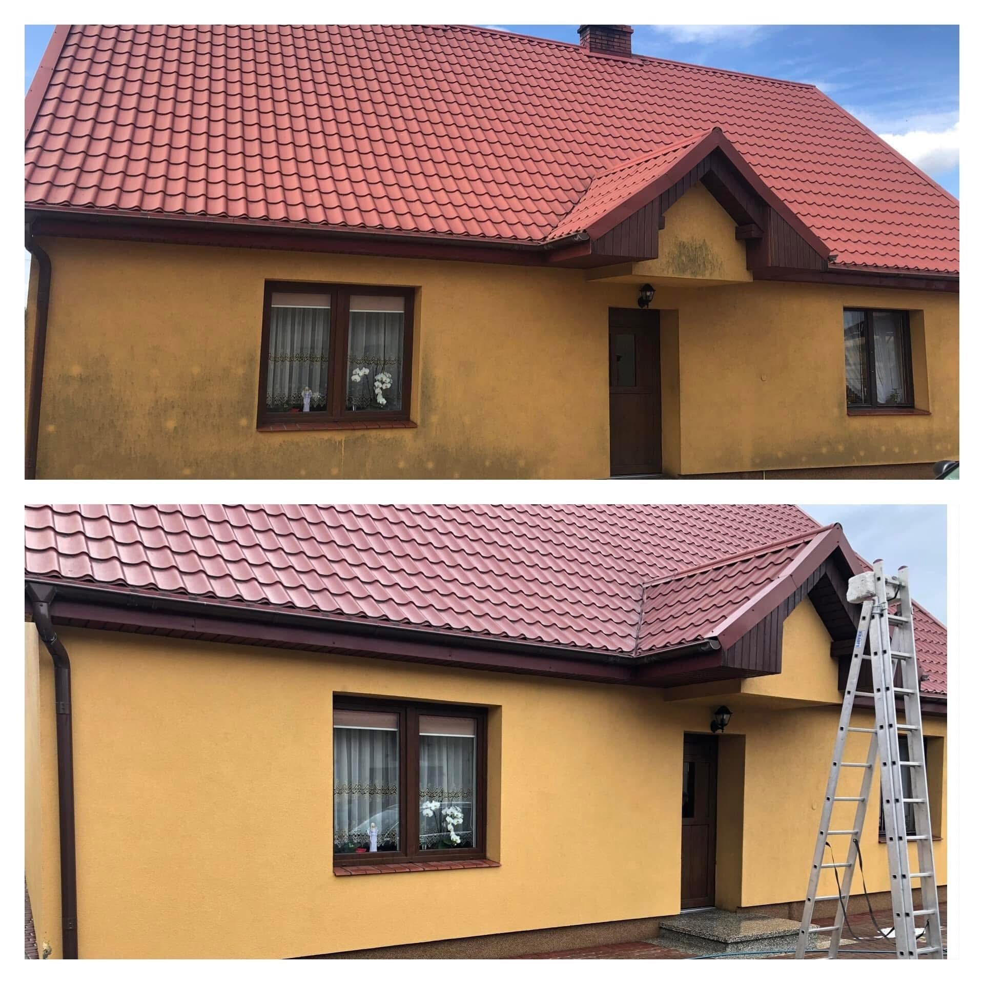 Zdjęcie 'przed i po' mycia elewacji domu z żółtą fasadą i czerwoną dachówką. Na dole widoczna drabina oparta o ścianę, ukazująca zakres prac.
