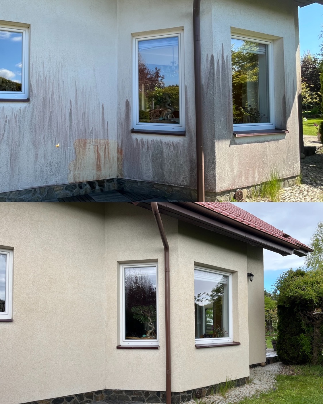 Dom z elewacją przed i po czyszczeniu, widoczne zacieki i odświeżony kolor tynku. Ujęcie z zewnątrz, okna odbijają otoczenie.