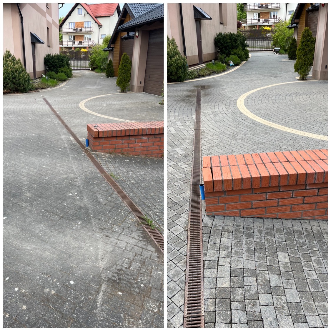 Kostka brukowa przed i po czyszczeniu. Po prawej stronie widoczna czysta kostka, po lewej zabrudzona. Centralnie biegnie odpływ liniowy.