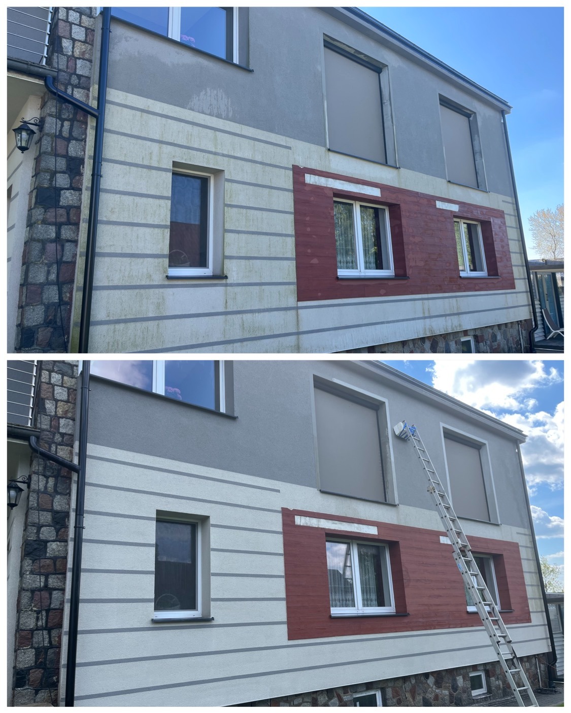 Zdjęcie elewacji domu przed i po myciu, z widoczną różnicą w czystości i odświeżonym wyglądem. Na elewacji oparta drabina z narzędziami do czyszczenia.