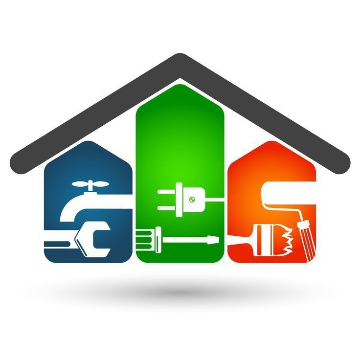 Kolorowe logo domu z ikonami: kran, wtyczka i wałek do malowania. Symbolizuje usługi hydrauliczne, elektryczne i malarskie. Prosty, graficzny znak.