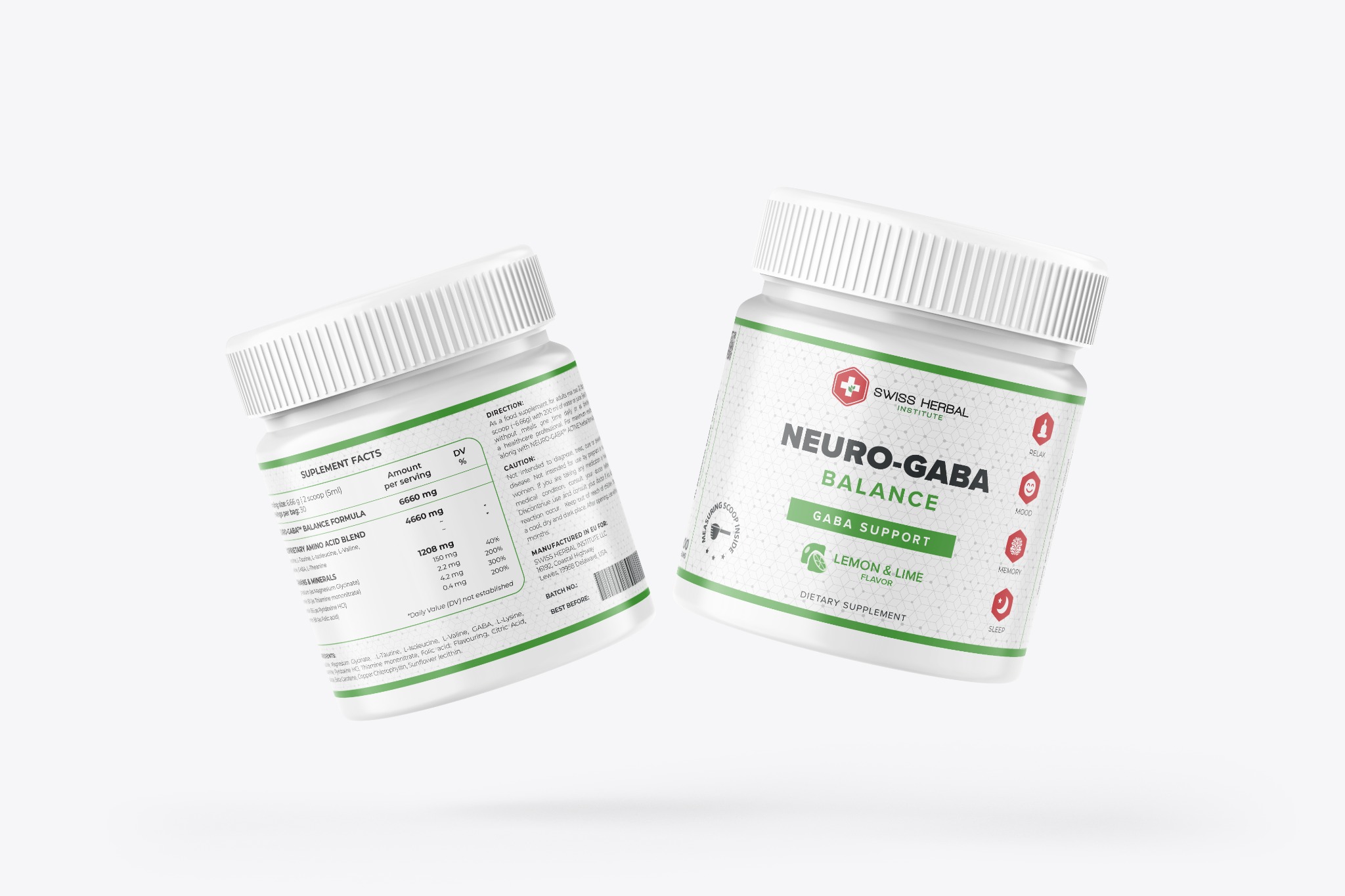 Dwie białe butelki suplementu Neuro-Gaba Balance z zielonymi etykietami, leżące pod kątem na białym tle. Etykiety zawierają informacje o składzie, smaku (Lemon & Lime) i korzyściach.