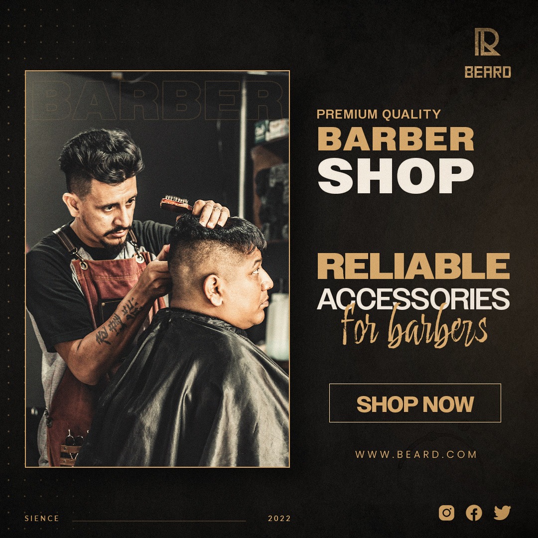Grafika reklamowa: Barber shop premium quality. Fryzjer w trakcie strzyżenia klienta, akcesoria dla barberów. Przycisk Shop now, adres strony www.beard.com.