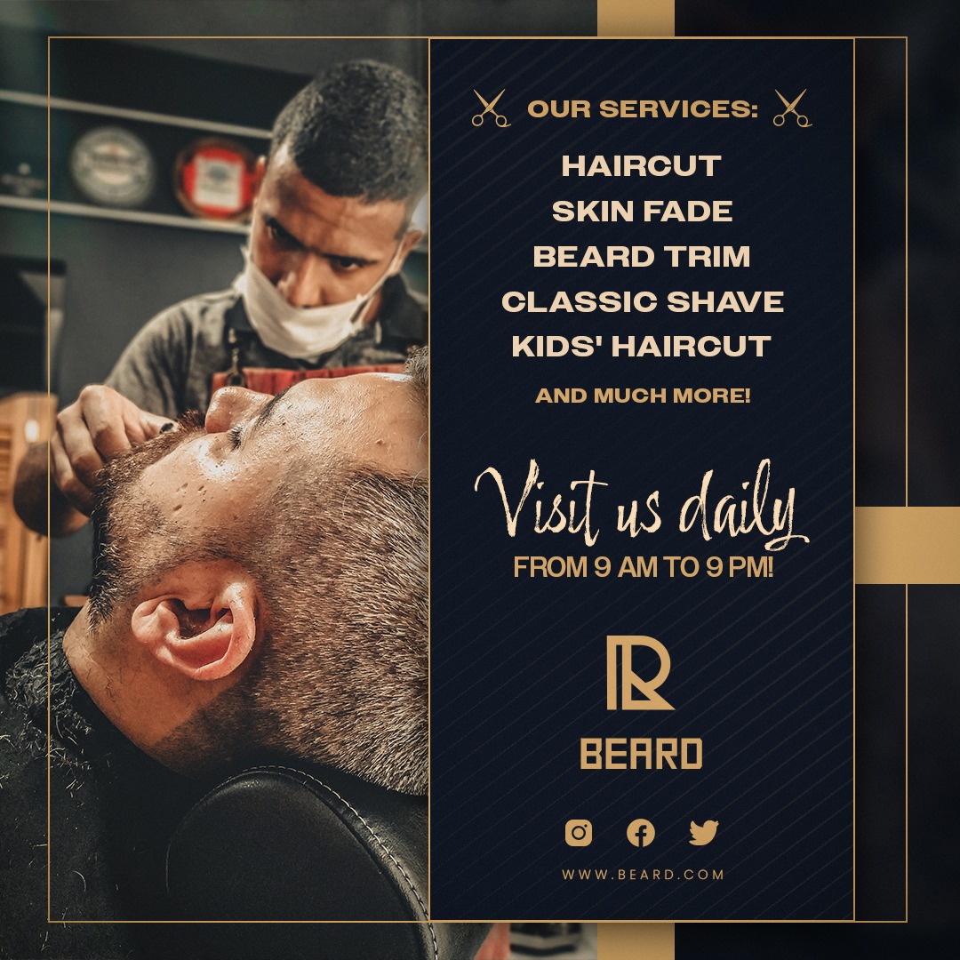 Mężczyzna w trakcie strzyżenia brody w salonie barberskim. Barber w masce, klient z brodą leży na fotelu. Reklama salonu z listą usług i logo 'R BEARD'.