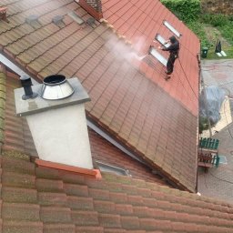 O to zdjęcie pokazuje jak pracownik z naszej firmy dokładnie i solidnie usuwa zabrudzenia z dachu i doprowadza go do błysku i świeżości 