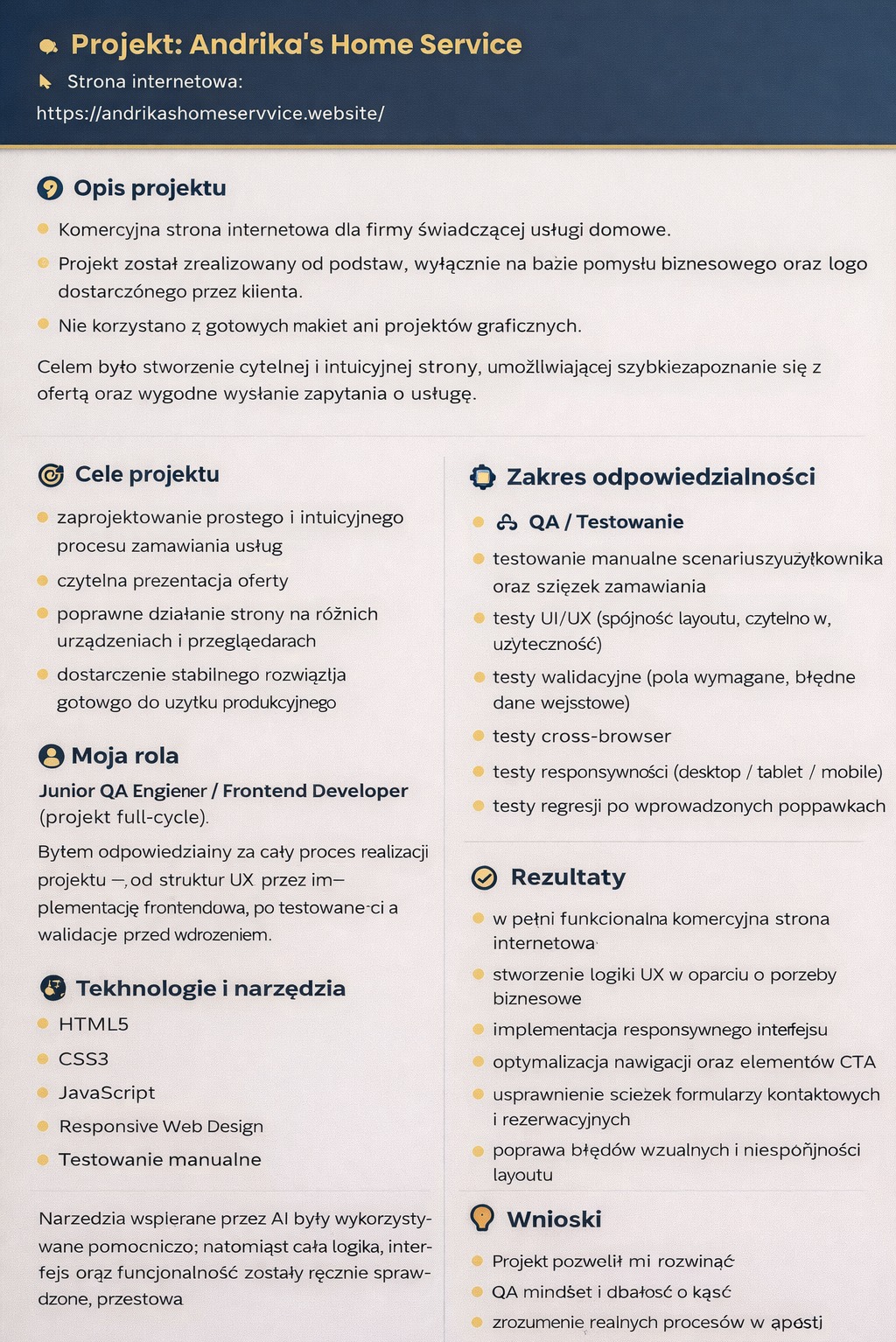 Infografika opisująca projekt strony internetowej Andrika's Home Service: cele, zakres odpowiedzialności, technologie, rezultaty i wnioski. Prezentacja w formie listy.