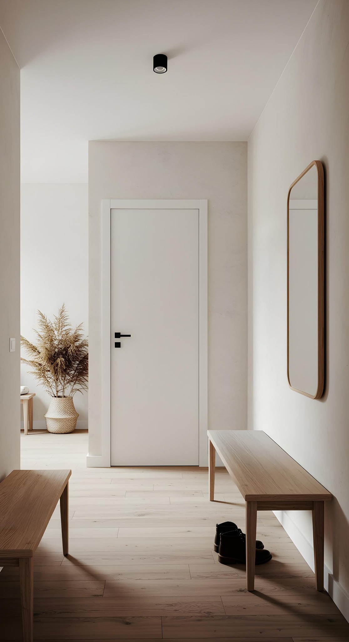 Jasne wnętrze przedpokoju z drewnianą podłogą, białą ramą drzwi i ławką. Minimalistyczny design z lustrem i suszoną trawą w koszu.