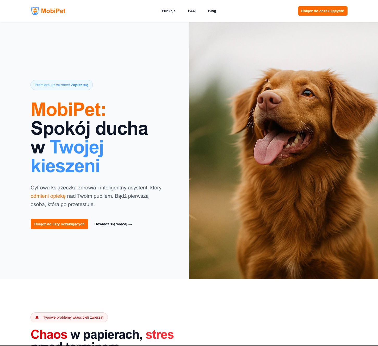 Strona internetowa MobiPet z wizerunkiem psa rasy retriever, promująca cyfrową książeczkę zdrowia zwierząt. Ujęcie z bliska na psa z wywieszonym językiem i logo MobiPet.