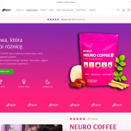 SZYMON WIATR APROV - IT - Zrzut ekranu sklepu internetowego fuelify.pl z ofertą kawy funkcjonalnej Neuro Coffee w fioletowo-różowej kolorystyce, z elementami adaptogenów i grzybów.