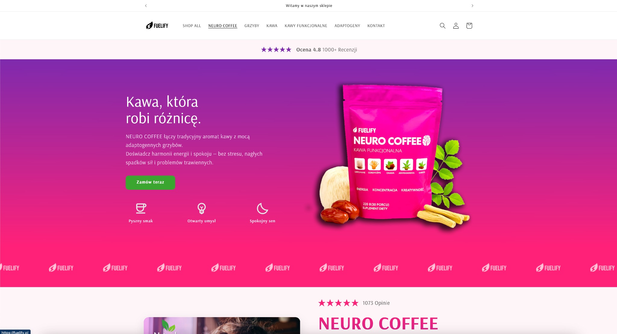 Zrzut ekranu sklepu internetowego fuelify.pl z ofertą kawy funkcjonalnej Neuro Coffee w fioletowo-różowej kolorystyce, z elementami adaptogenów i grzybów.