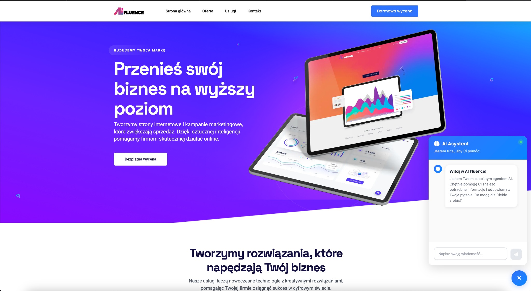 Strona internetowa agencji AIFluence z asystentem AI