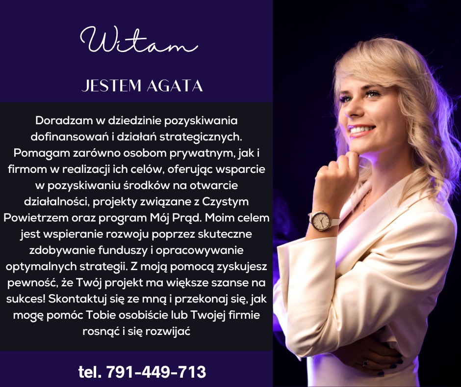 Profesjonalny portret uśmiechniętej kobiety w jasnym żakiecie, z tekstem o doradztwie w pozyskiwaniu dofinansowań i programie Mój Prąd na ciemnym tle.