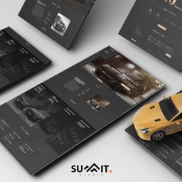 Summit Studio Marcin Charków - Prezentacja strony internetowej z motywem samochodowym, model auta na stronie. Układ stron w perspektywie, stonowana kolorystyka, logo Summit Studio na dole.