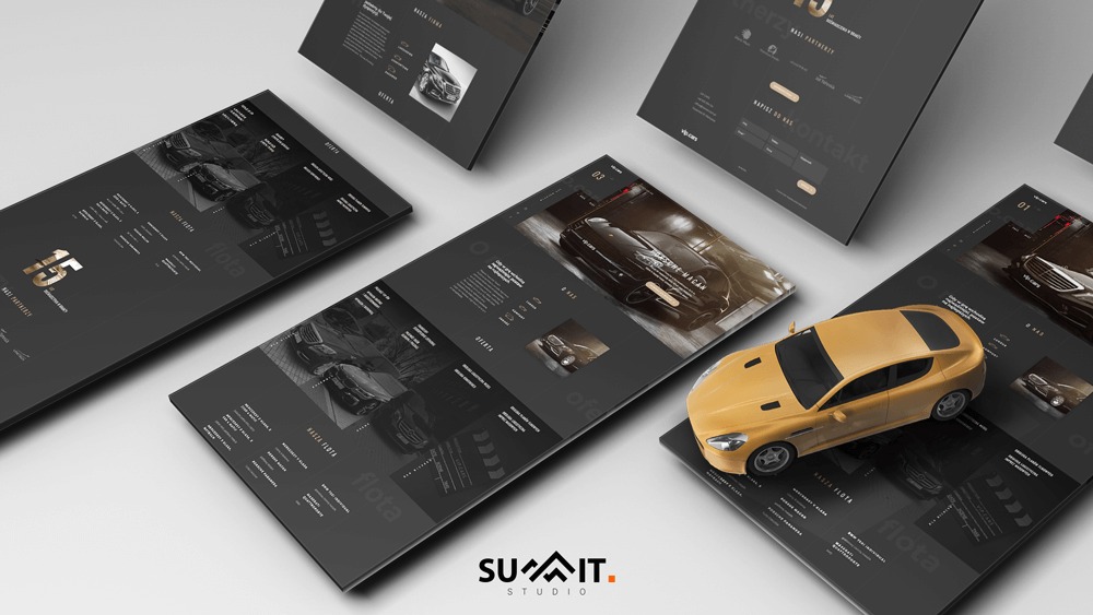 Prezentacja strony internetowej z motywem samochodowym, model auta na stronie. Układ stron w perspektywie, stonowana kolorystyka, logo Summit Studio na dole.