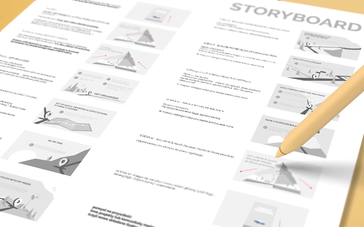 Storyboard z naniesionymi scenami i notatkami, przytrzymywany przez beżowy długopis. Koncepcja wizualna zarysowana na papierze, gotowa do dalszej obróbki.