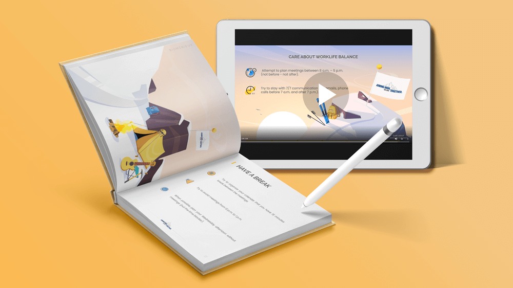 Ilustracja koncepcji work-life balance w otwartej książce i na ekranie tabletu z rysikiem, na żółtym tle. Grafika promuje dbałość o równowagę życia zawodowego i osobistego.