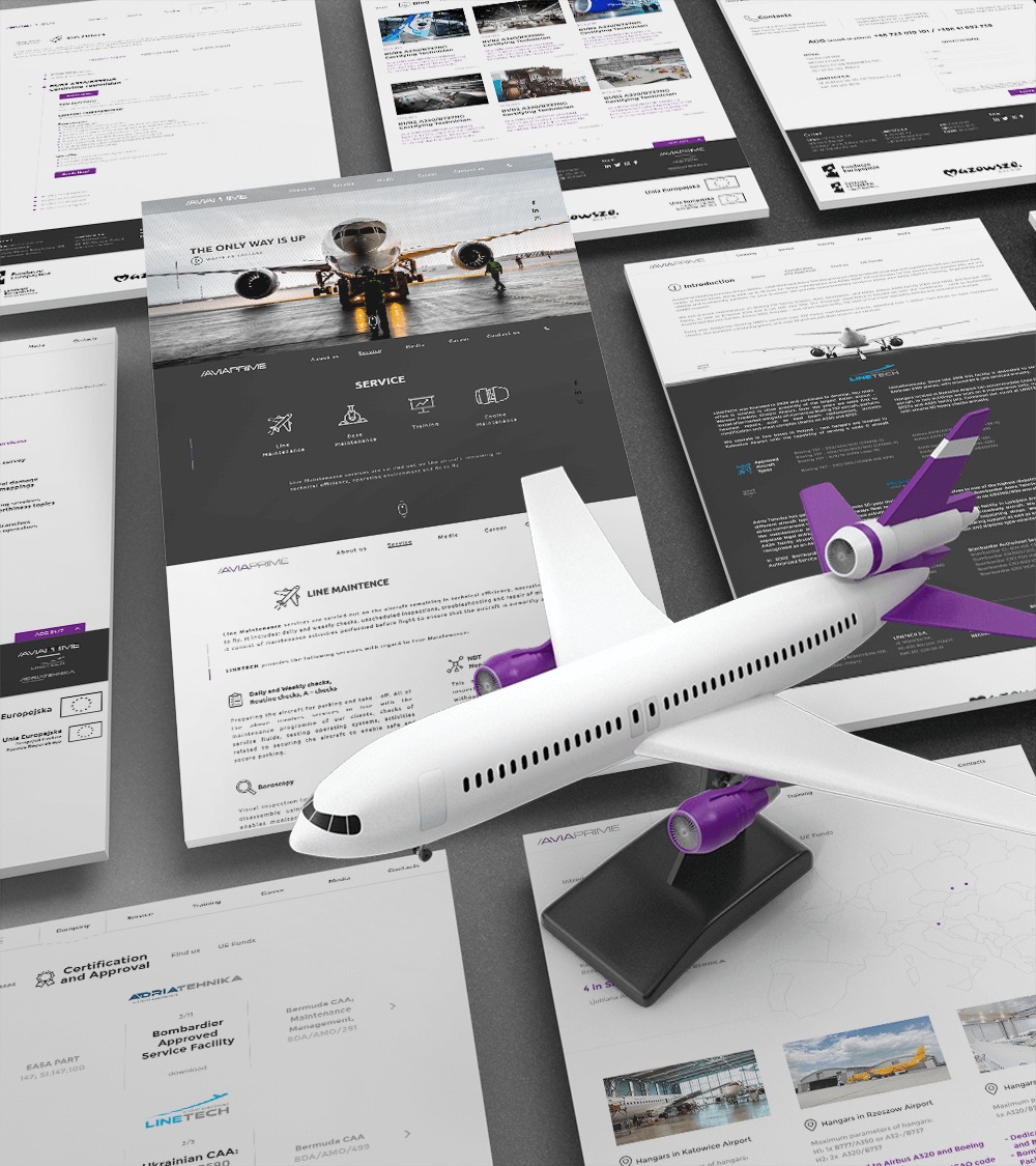 Prezentacja stron internetowych z motywem lotniczym, w tym model samolotu. Układ mockupów na biurku, z dominującą kolorystyką bieli, fioletu i szarości.