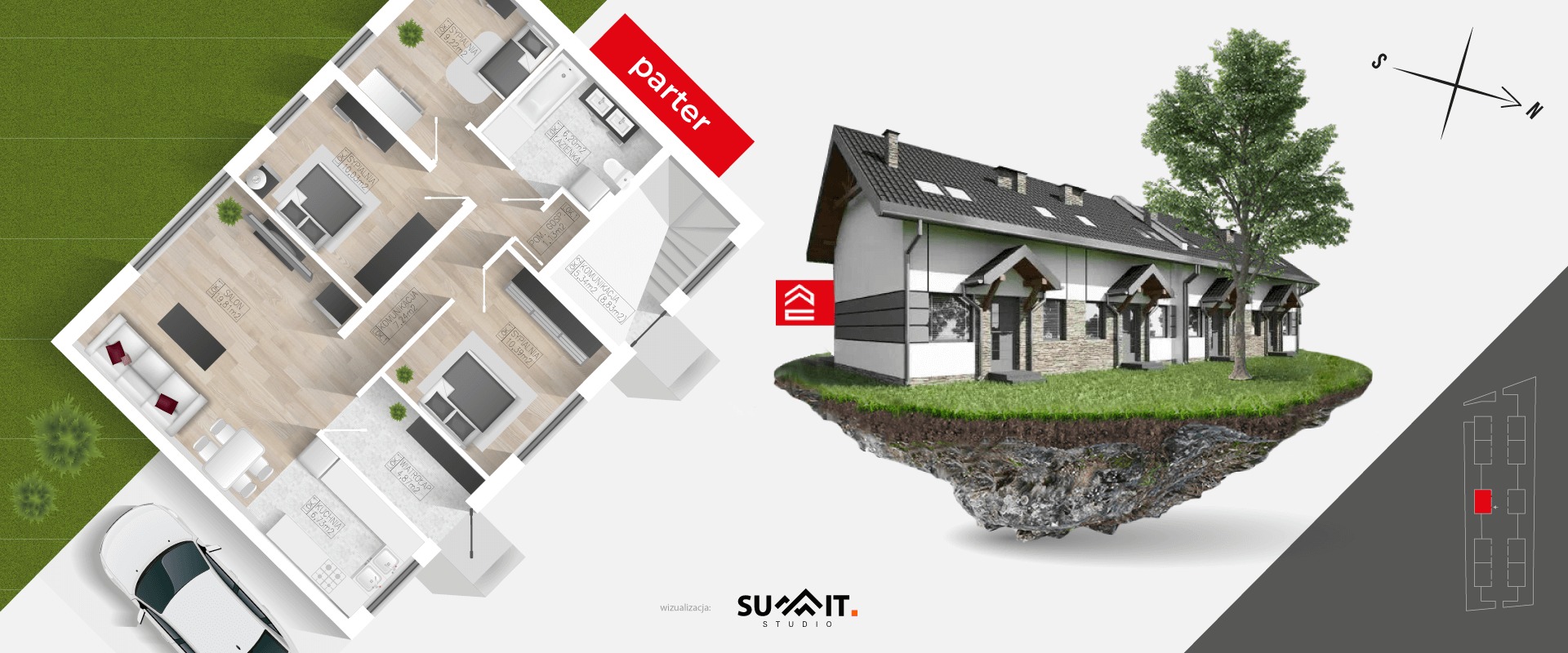 Wizualizacja 3D projektu szeregowca z planem parteru, kompasem i zaznaczoną lokalizacją. Projekt domu z uwzględnieniem rozkładu pomieszczeń. Realistyczny render.