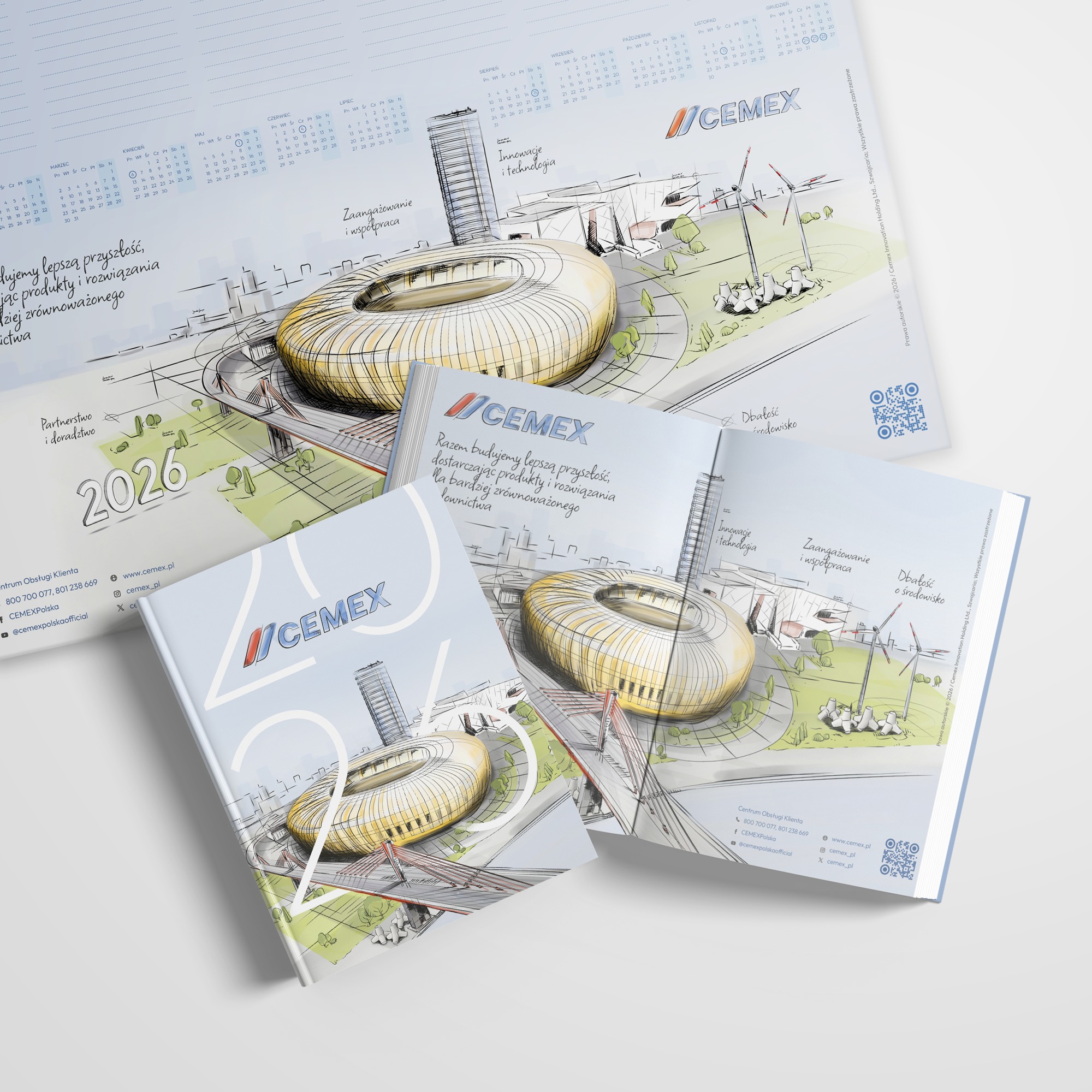 Ilustracja kalendarza i broszur CEMEX na rok 2026, prezentująca szkice architektoniczne budynków, turbin wiatrowych i krajobrazu, z hasłami o zrównoważonym budownictwie.