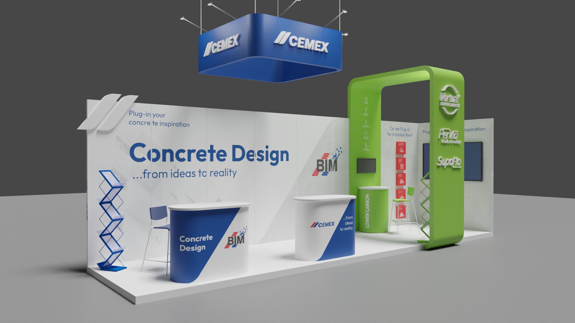 Projekt stoiska targowego Cemex z logo, hasłem 'Concrete Design' i informacjami o BIM, Autodesk Revit i 'Lower Carbon'. Wizualizacja 3D, nowoczesny design.