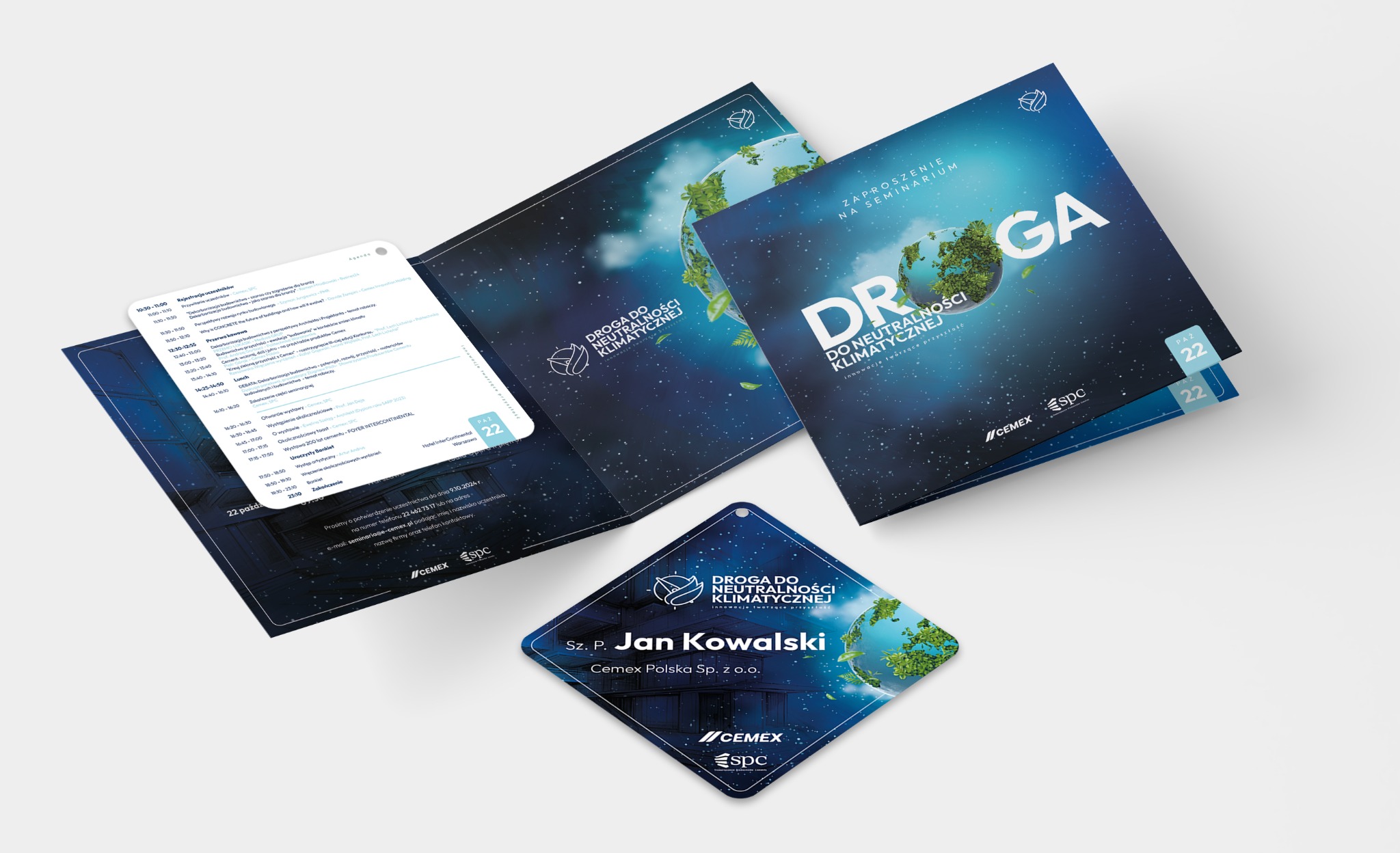 Materiały promocyjne seminarium 'Droga do neutralności klimatycznej': zaproszenie, program i identyfikator uczestnika z danymi Jana Kowalskiego.