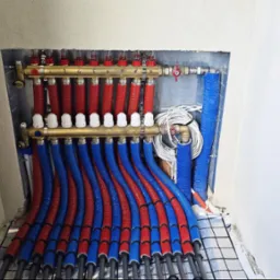 Rozdzielacz ogrzewania podłogowego z rurami w izolacji czerwono-niebieskiej, zamontowany w niszy ściennej. Widoczna siatka montażowa na podłodze i zawory regulacyjne.