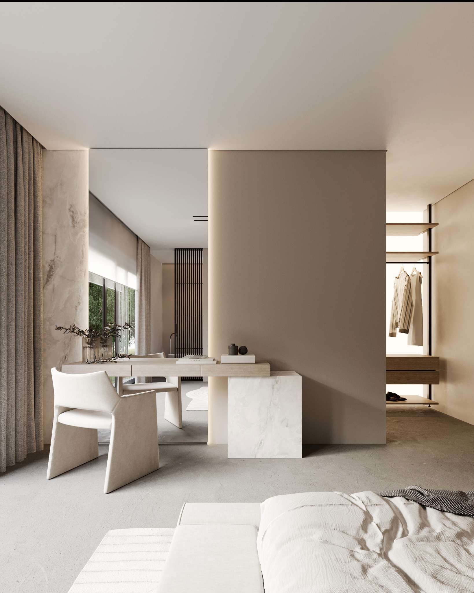 Minimalistyczna sypialnia w beżach: biurko z marmurowym akcentem, designerskie krzesło, garderoba w głębi. Subtelne oświetlenie, stonowana kolorystyka, nowoczesny styl.