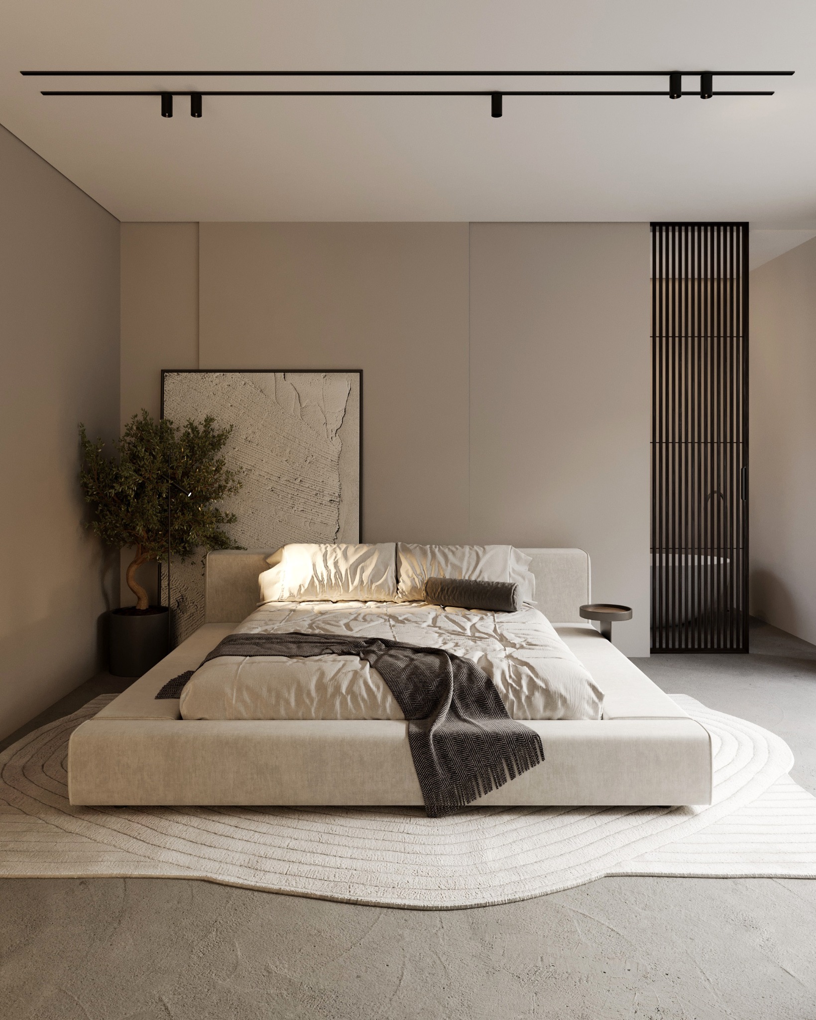 Minimalistyczna sypialnia z beżową paletą barw: platforma łóżka, dywan z motywem zen, abstrakcyjny obraz i czarne oświetlenie szynowe. Nowoczesny design.