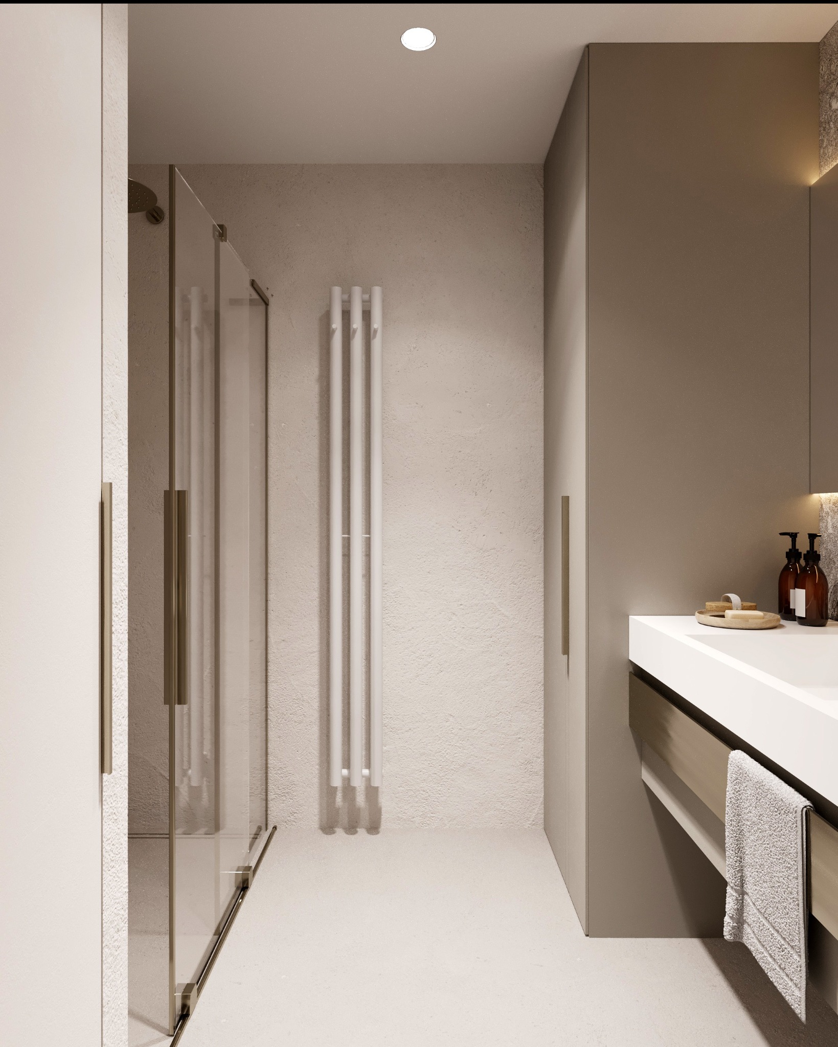 Minimalistyczna łazienka w beżach: kabina prysznicowa ze złotymi okuciami, grzejnik drabinkowy i umywalka z szarą szafką. Subtelne oświetlenie.