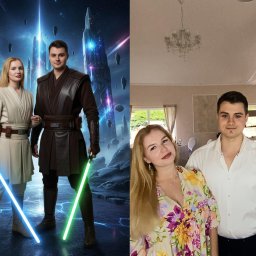 Adamatic - Fotobudka AI: Para, transformacja w Jedi. Po lewej: cyfrowy portret w stylu Star Wars z mieczami świetlnymi, po prawej: oryginalne zdjęcie z uroczystości.