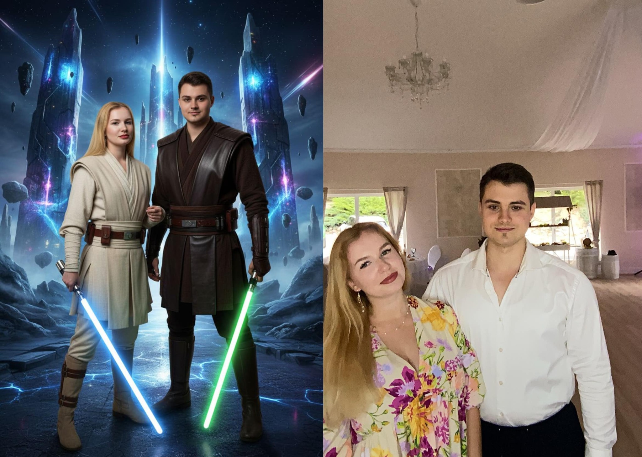 Fotobudka AI: Para, transformacja w Jedi. Po lewej: cyfrowy portret w stylu Star Wars z mieczami świetlnymi, po prawej: oryginalne zdjęcie z uroczystości.