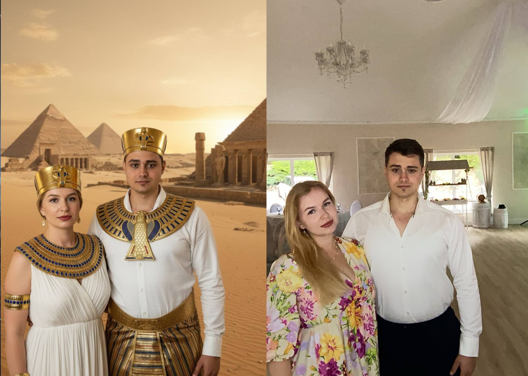 Fotobudka z efektem AI: para, po lewej w strojach egipskich na tle piramid, po prawej w ubraniach codziennych w sali balowej. Nietypowe ujęcie 'przed i po'.