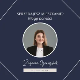 Oferta sprzedaży mieszkania: portret agentki Zuzanny Czawrysiak w okręgu, z tekstem 'Sprzedajesz mieszkanie? Mogę pom&oacute;c!' i numerem telefonu na granatowym tle.