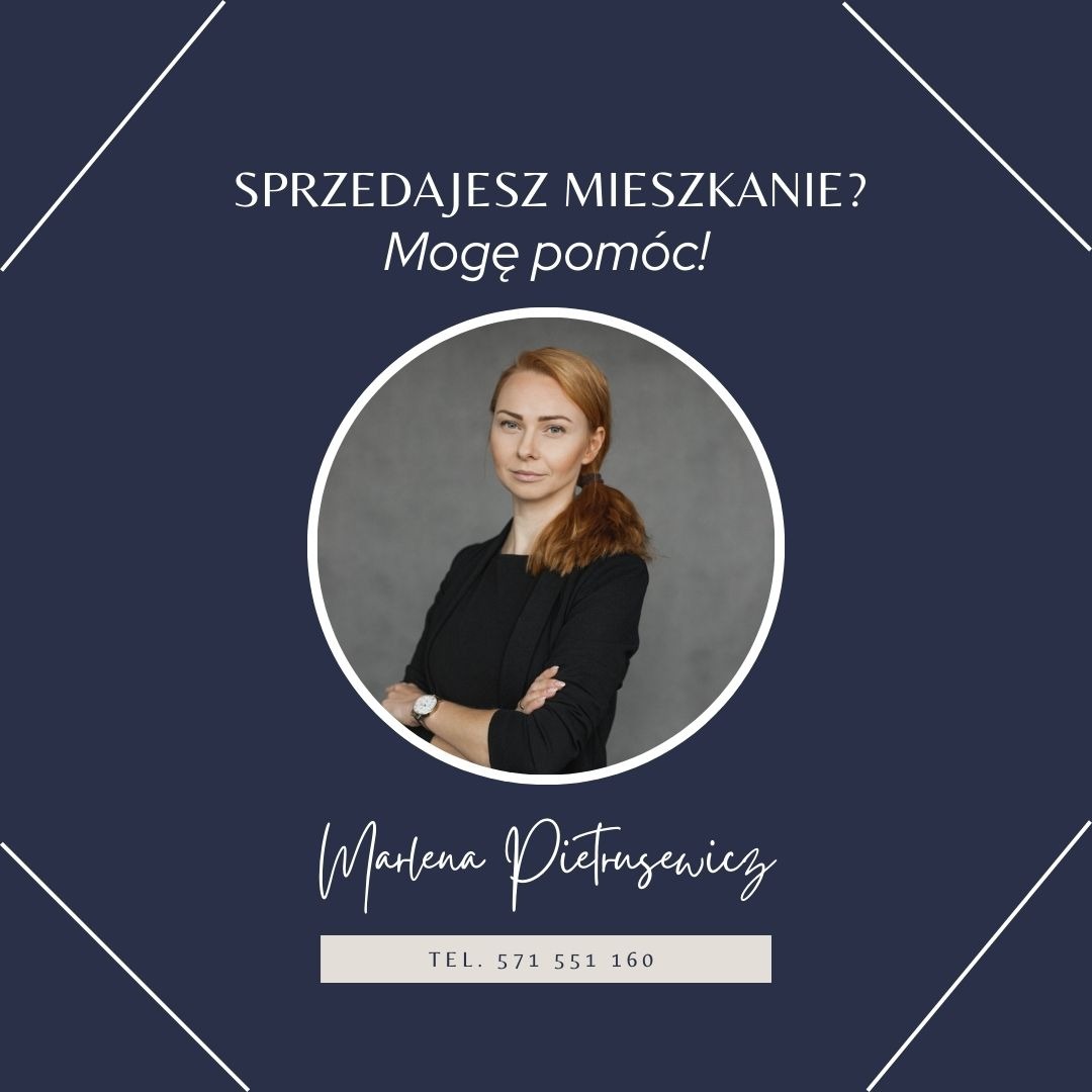 Ogłoszenie: kobieta w czarnej marynarce oferuje pomoc w sprzedaży mieszkania. Kontakt: Marlena Pietrusewicz, tel. 571 551 160.