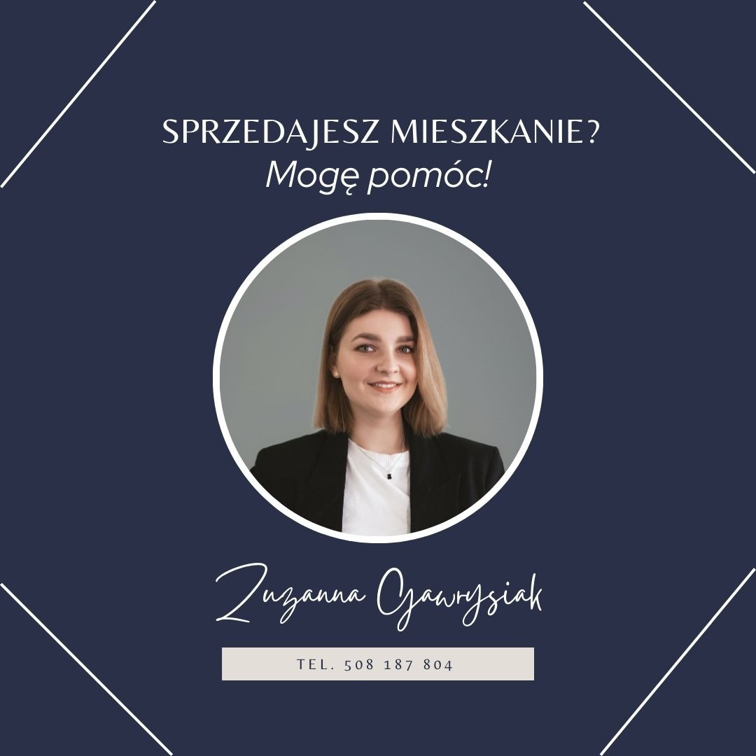 Oferta sprzedaży mieszkania: portret agentki Zuzanny Czawrysiak w okręgu, z tekstem 'Sprzedajesz mieszkanie? Mogę pomóc!' i numerem telefonu na granatowym tle.