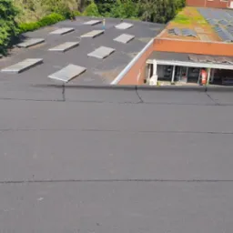 Widok z góry na płaski dach pokryty papą, z widocznymi łączeniami i sąsiednimi budynkami z panelami słonecznymi i świetlikami dachowymi w tle.