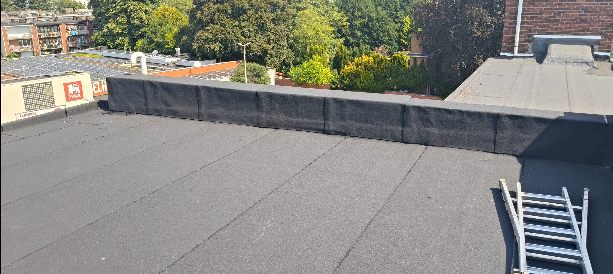 Czarny, płaski dach budynku z widoczną ścianką attykową, częściowo zacieniony. W tle zieleń drzew i budynki. Aluminiowa drabina oparta o dach.