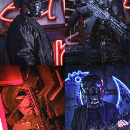 DOMINIK MARZEC - Cztery kadry z futurystycznej sesji: postacie w hełmach high-tech z bronią, neonowe światła, miejski klimat, mocne kontrasty kolorystyczne.