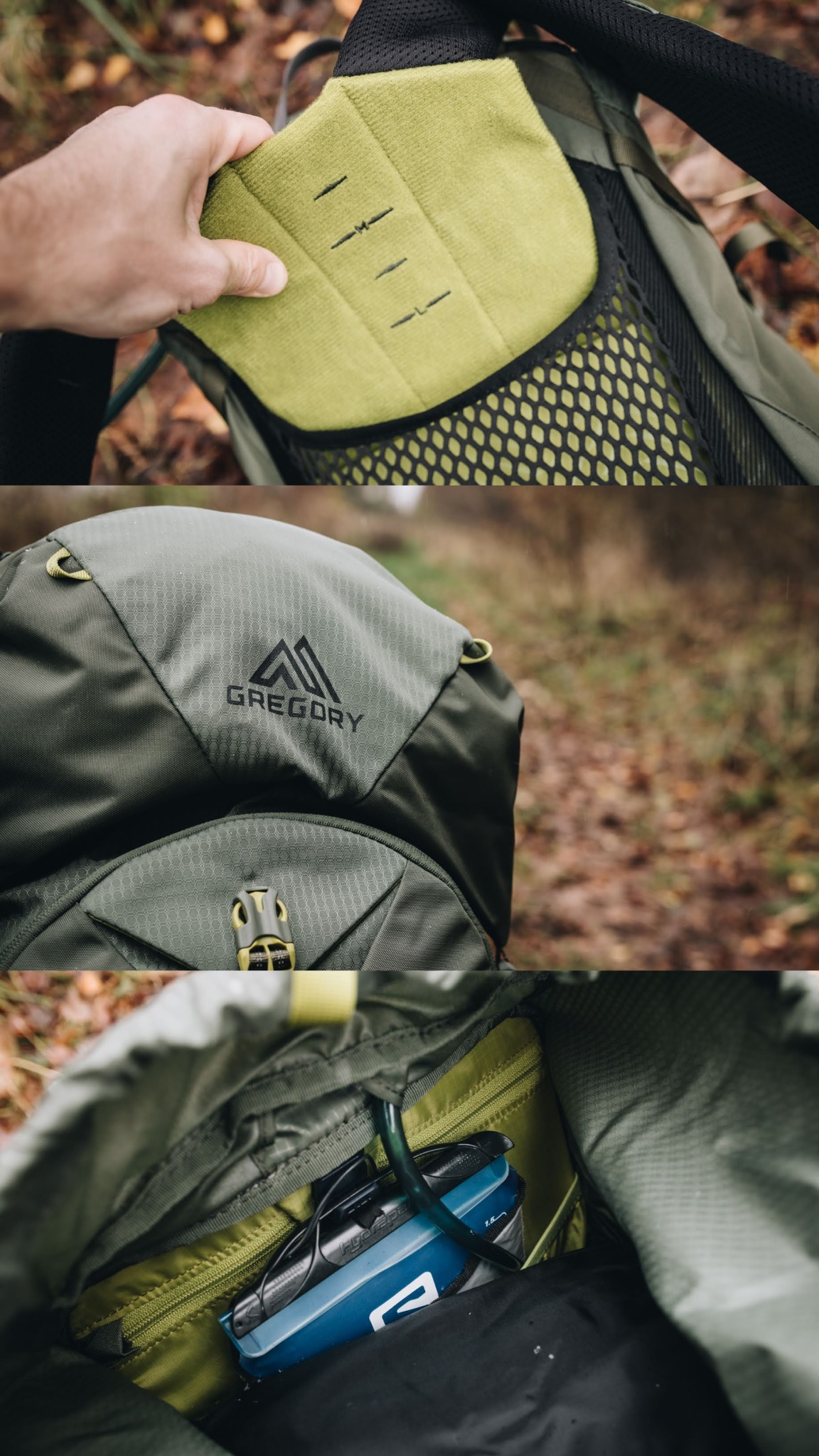 Trzy kadry zielonego plecaka turystycznego marki Gregory: regulacja, logo i wnętrze z bukłakiem na wodę. Widok z bliska, w tle leśne otoczenie.