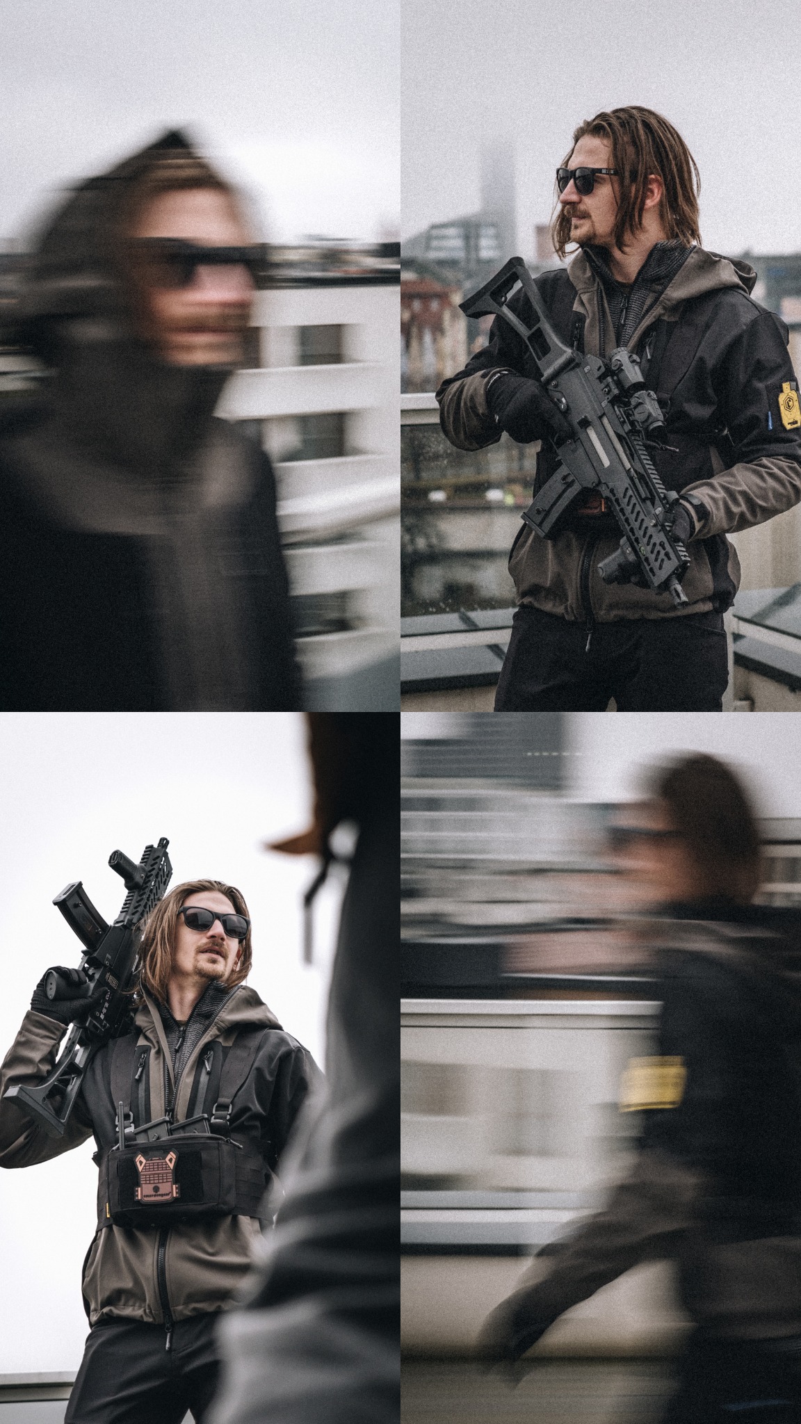 Czteropanelowe ujęcie mężczyzny z bronią na dachu, z efektem rozmycia ruchu, w okularach przeciwsłonecznych i taktycznym ubraniu, na tle miejskiego krajobrazu.