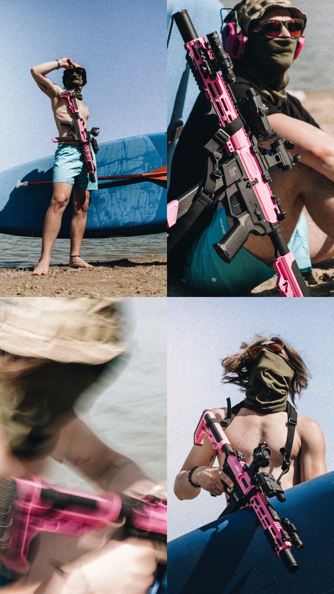 Nietypowa sesja we Wrocławiu: Mężczyzna z różowym karabinem AR-15 na tle jeziora i deski surfingowej. Osoba ma zakryta twarz i okulary przeciwsłoneczne.
