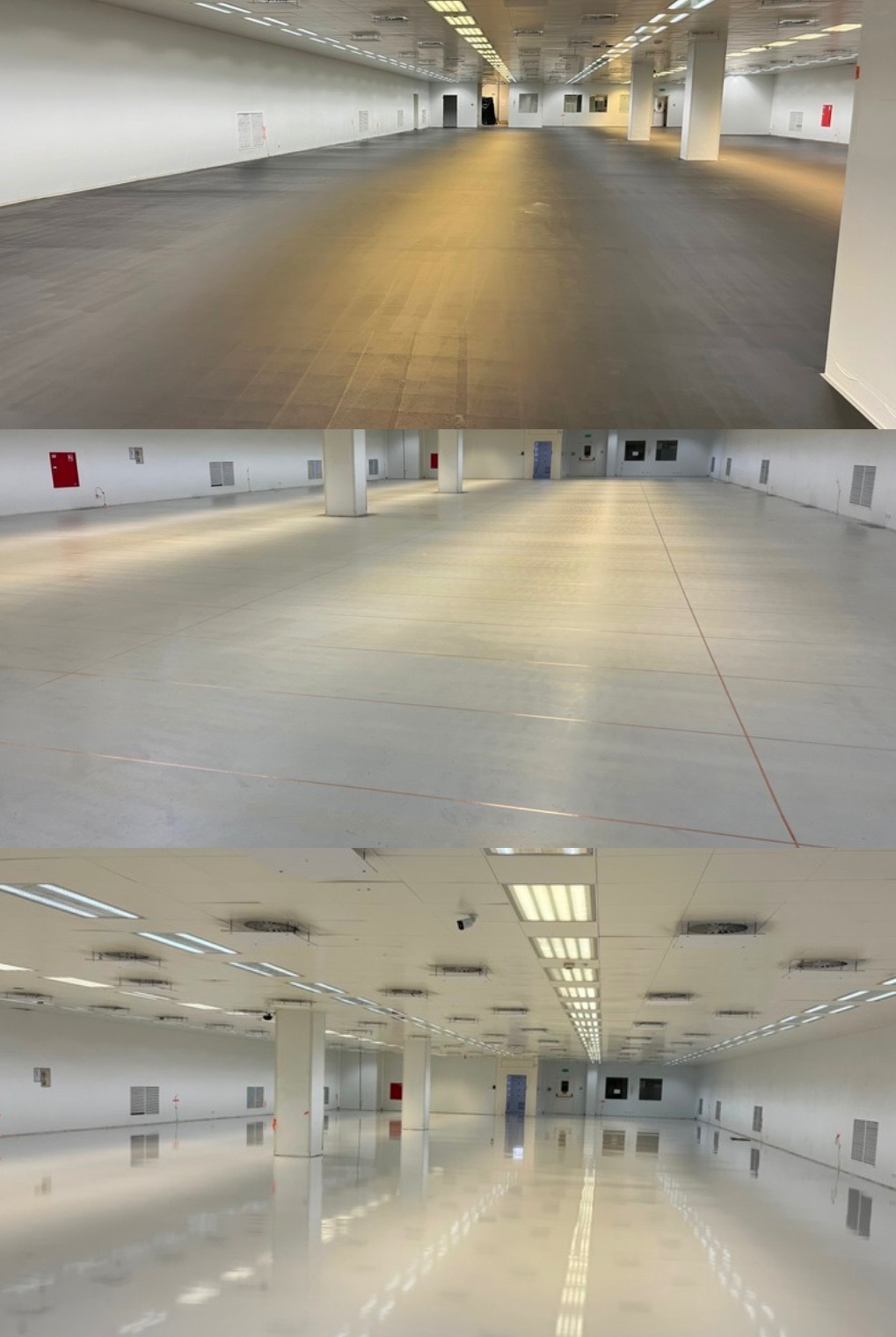 Trzy ujęcia hali z różnymi wykończeniami posadzek: szara matowa, jasna z liniami podziału i biała błyszcząca, z kolumnami i oświetleniem sufitowym.