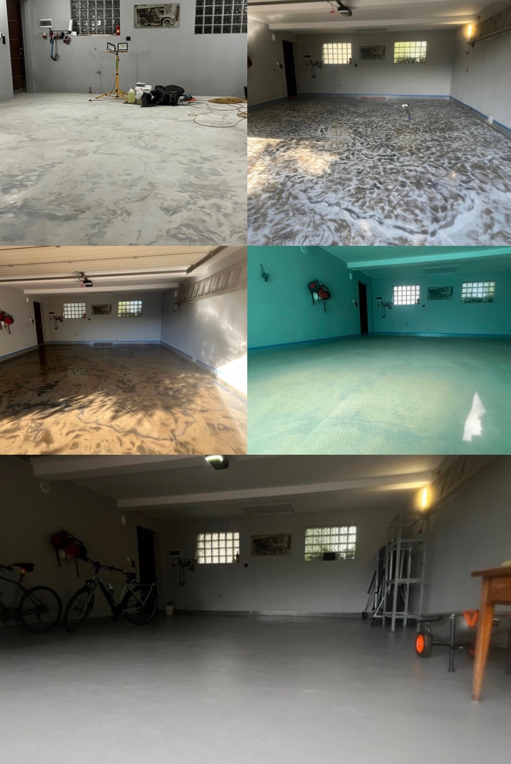 Mozaika garażowych podłóg: od surowego betonu po żywiczną gładkość w odcieniach szarości, beżu i zieleni. Widoczne narzędzia i sprzęt garażowy.